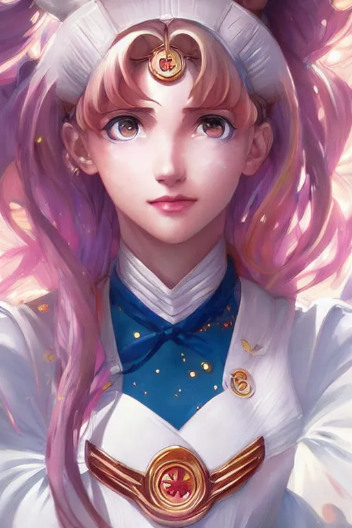 Image similar to Sailor Moon slight smile, highly detailed, digital painting, artstation, concept art, sharp focus, illustration, art by artgerm and greg rutkowski and alphonse mucha