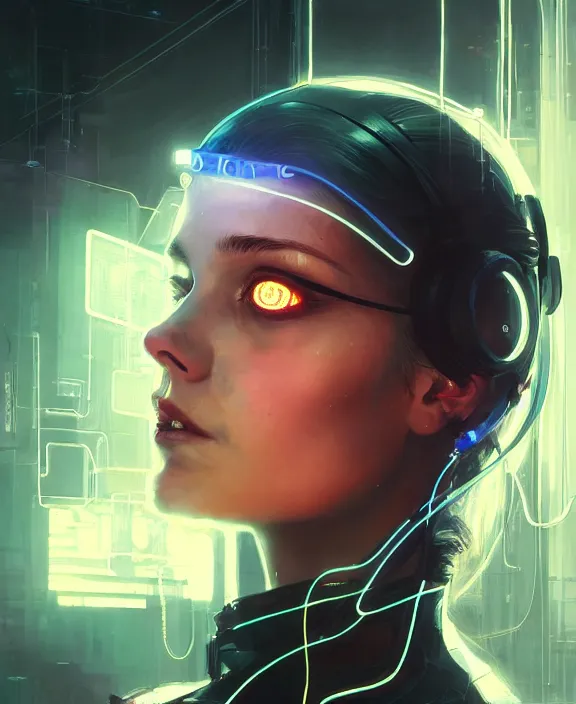 Prompt: portrait of cute woman in high - tech suit, wires, neon lights, beautiful eyes, perfect symmetrical face, cyberpunk, highly detailed painting by jeremy mann and cd projekt red and charlie bowater and titian and artgerm