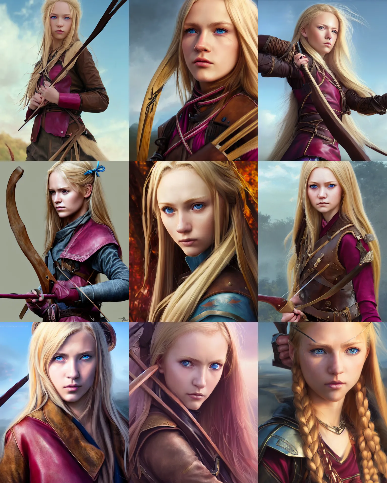 Prompt: wlop, krenz cushart, close detailed portrait digital painting of a young woman with long blonde hair and blue eyes. wearing brown and magenta leather tribal combat clothes. she is holding hunting bow. sunbeam, unreal engine, hyper realism, realistic shading, cinematic composition, blender render, octane render, hdr, detailed textures, photorealistic, 3 5 mm film