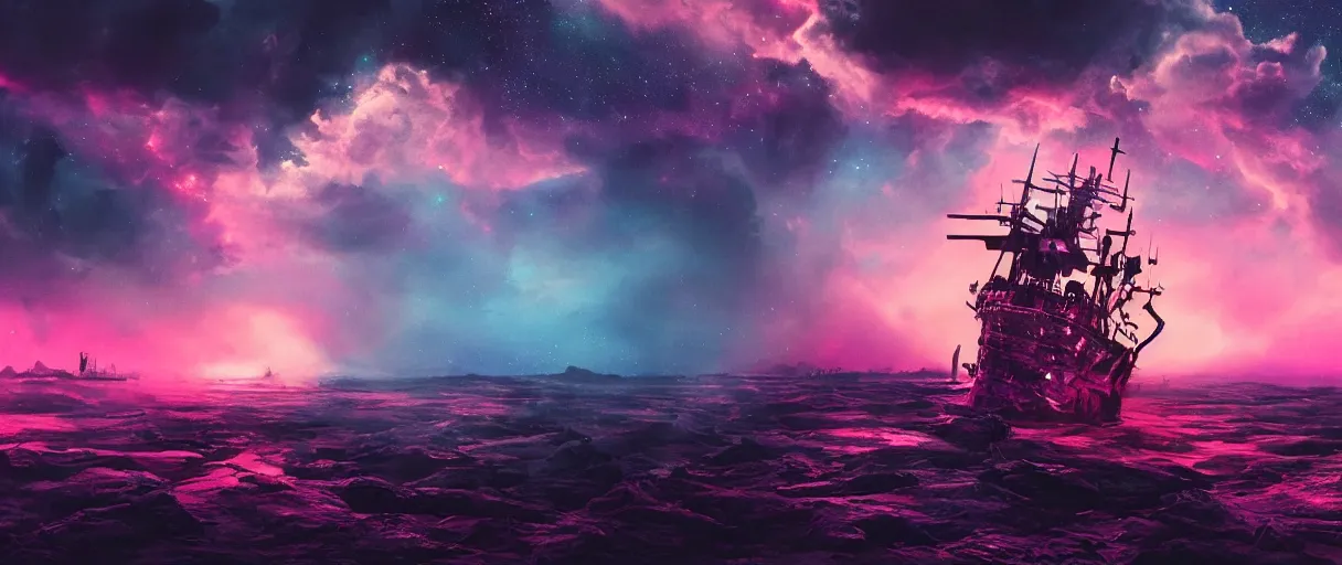 Image similar to space, hyperdetailed illustration, portrait big dark dog, mohawk, stars, pink, neon, oil painting, rich deep colors masterpiece, pirate neon ship, ultra detailed, contrast, heaven pink, clouds, volumetric light, atmospheric lighting, dramatic, cinematic, moody, octane render 4 k, 8 k