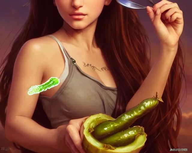 Prompt: ariana grande eating pickle muckbang, profile photo, anime action fight scene, redshift render, insanely detailed and intricate, elegant, cinematic lighting, artstation, cgsociety, sharp focus, photograph by artgerm, gerald brom, wlop, alphonse mucha