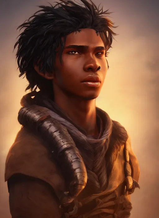 Image similar to An epic fantasy comic book style portrait painting of a young dark skinned long haired boy peasant with intelligent eyes, unreal 5, DAZ, hyperrealistic, octane render, cosplay, RPG portrait, dynamic lighting