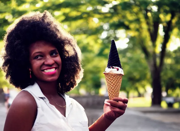 Image similar to a 3 5 mm photo of a young black woman holding an ice cream cone, splash art, movie still, bokeh, canon 5 0 mm, cinematic lighting, dramatic, film, photography, golden hour, depth of field, award - winning, anamorphic lens flare, 8 k, hyper detailed, 3 5 mm film grain