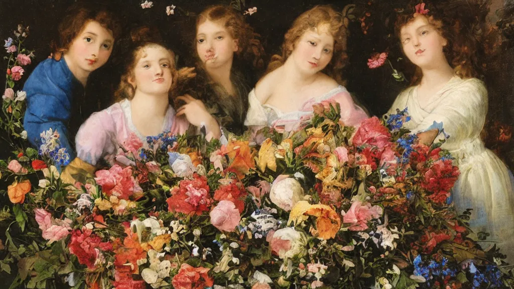 Image similar to A young guy's head is lying in a beautiful bouquet of flowers on a table, and his sisters are looking on, ancient fairy tale style