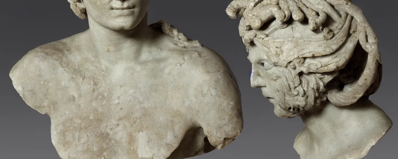 Prompt: ancient roman marble bust of an alien with 6 eyes and antennae