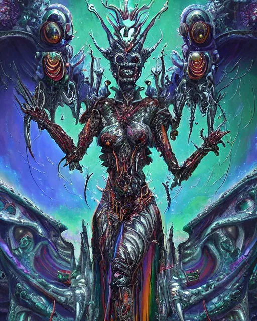 Image similar to silver mechanical charred bloody fleshmetal cyborg daemonhost woman psychedelic flamer of tzeentch with extra arms, blue and green rainbow fire, by antonio j. manzanedo, alex grey, android jones, wayne barlowe, philippe druillet, raymond swanland, cyril rolando, harumi hironaka, cronenburg, trending on artstation