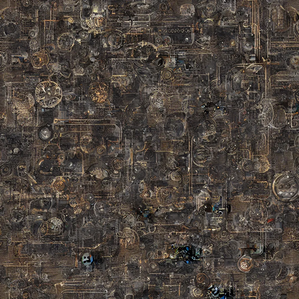 Prompt: video game trim sheet seamless texture of mechanical and robotic equipment, photorealistic, seamless texture, video game texture, mechanical, nomadic, cloth, wires, cogs, tubes, sci fi, cyberpunk