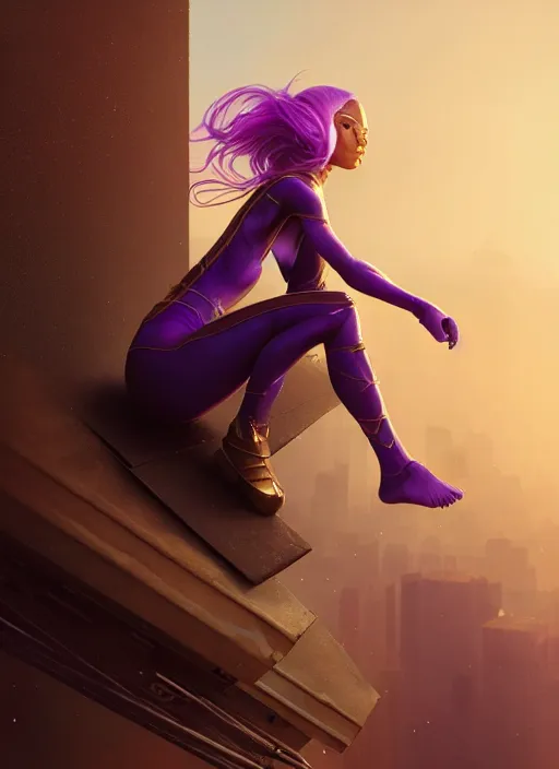 Prompt: young woman sits on the edge of the roof : : purple - gold streets cyberpunk : : weta disney pixar movie still photo : : decadent highly - detailed digital painting, heroic pose, full length shot, golden ratio, octane render, artstation, smooth, sharp focus, artgerm, mucha, loish, wlop, gogo