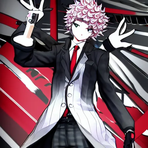 Image similar to nagito komaeda from danganronpa in persona 5, highly detailed, persona 5 style