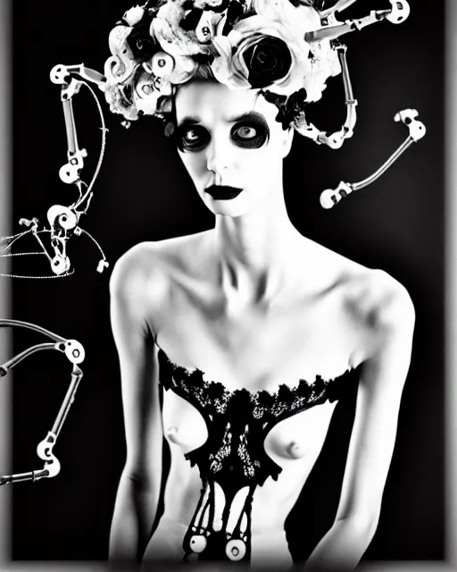 Prompt: dreamy surreal poetic black and white photo of a beautiful young bio-mechanical-female-cyborg-plant-plastic-robot with a very long neck and a super big gothic lace collar and a very high big floral crown with many black dry roses by Vivienne Westwood:: smoke, high fashion, haute couture, rococo, avant-garde, elegant, dreamy, hyper realistic, 150 mm lens, soft rim light, octane render, unreal engine, picture was taken in 1910 by Dora Maar, volumetric lighting, dramatic light,8k,