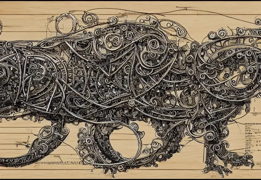 Image similar to schematic blueprint of highly detailed ornate filigreed convoluted ornamented elaborate cybernetic rat, wooden frame with fold leaf, art by da vinci