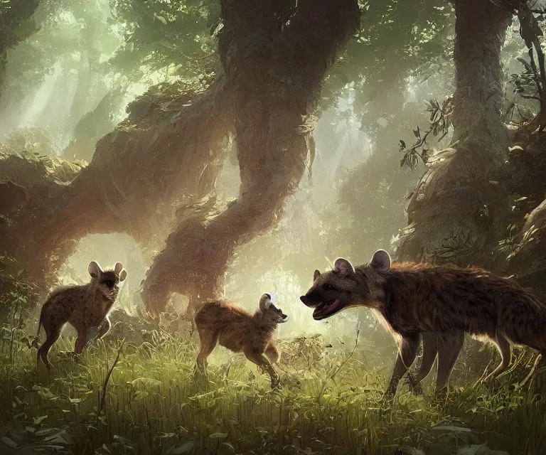 Image similar to a beautiful painting of a cute brown hyena and a gray otter in a forest. disney character design by cory loftis, fenghua zhong, ryohei hase, ismail inceoglu and ruan jia. artstation, volumetric light, detailed, photorealistic, rendered in octane