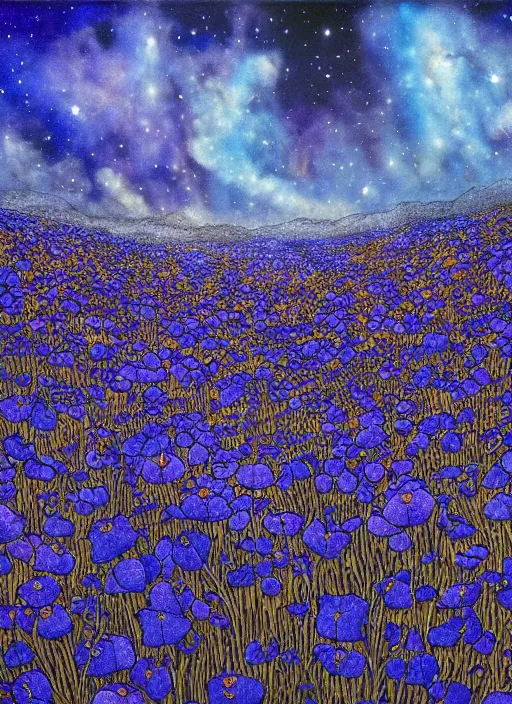 Image similar to detailed, intricate blue black and purple papaverum flower on the field, nebula, galaxy in the sky, winning award masterpiece, fantastically beautiful, illustration, aestheticly inspired, jacek yerka, upscale with anguissola sofonisba work, artstation, 8 k