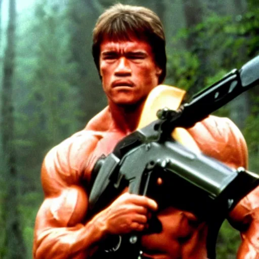 Image similar to arnold schwarzenegger in a still from the movie Rambo (1982)