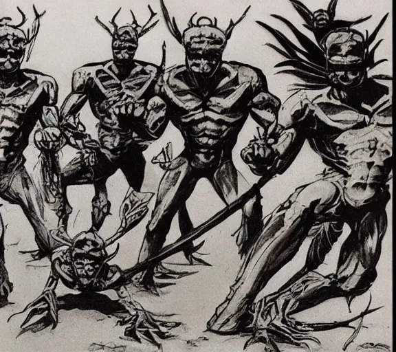 Image similar to four adventurers are chased by a group of mantis men, pen and ink, by frank Frazetta