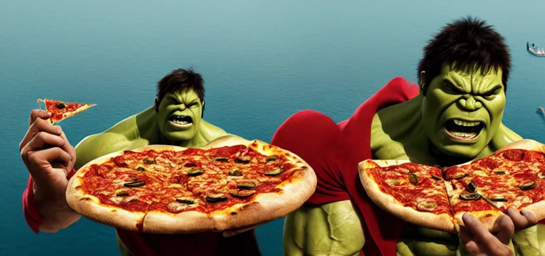 Image similar to a very high resolution image from a new movie. hulk eating pizza on a lake, photorealistic, photography, directed by wes anderson