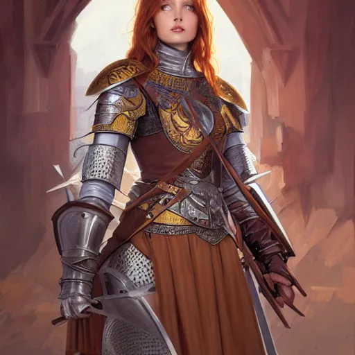 Image similar to Portrait of young girl knight shining armor longsword shieldmaiden, long auburn hair, brown eyes, intricate, elegant, highly detailed, digital painting, artstation, concept art, smooth, sharp focus, illustration, art by artgerm and greg rutkowski and alphonse mucha and andrei riabovitchev