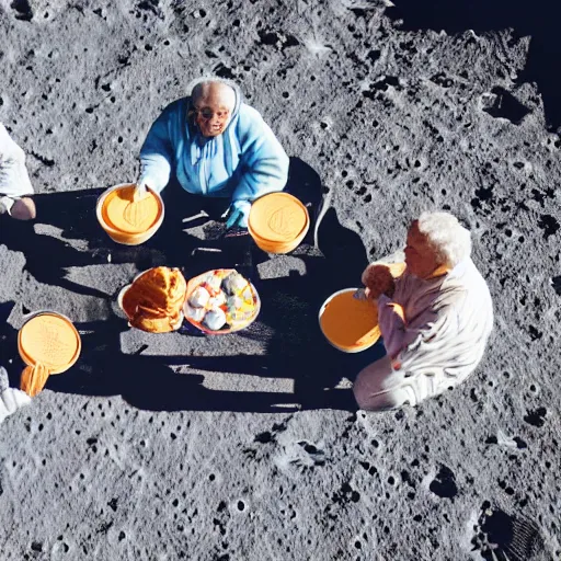 Prompt: an group of elderly people on the surface of the moon, 🌕, 🍦, eating ice - cream, canon eos r 3, f / 1. 4, iso 2 0 0, 1 / 1 6 0 s, 8 k, raw, unedited, symmetrical balance, wide angle