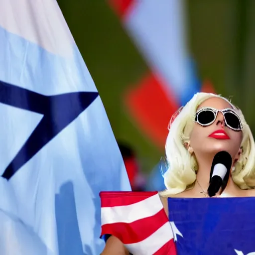 Image similar to Lady Gaga as president, Argentina presidential rally, Argentine flags behind, bokeh, giving a speech, detailed face, Argentina