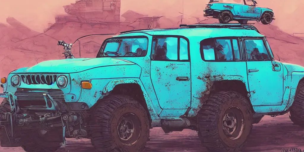 Image similar to digital illustration of a futuristic faded cyan mad max's fj 4 0 decrepit!!!! pursuit special, rusty!!! cyberpunk nissan fj cruiser heavily modded 1 9 9 0 s, the last v 8 interceptor by makoto shinkai, ilya kuvshinov, lois van baarle, rossdraws, basquiat