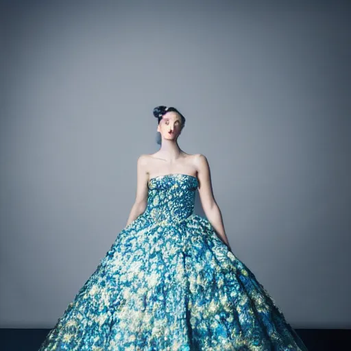 Image similar to Stunning picture of a model wearing a magnificent ball gown inspired by Van Gogh's Starry Night. Studio lighting