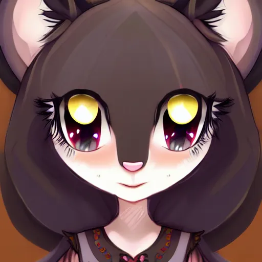 Image similar to headshot of young female furry, maple story, cute, fantasy, intricate, long hair, dark grey skin, mouse face, maplestory mouse, dark skin, mouse head, mouse ears, black hair, elegant, cartoony, Deviantart, artstation, character art of maple story, smooth, sharp focus, illustration, art by maplestory