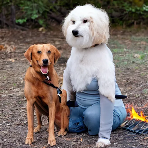 Prompt: upright dog person stand on two legs and starts a fire