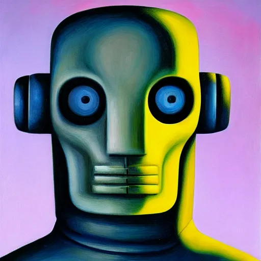 Image similar to sad robot portrait, visage, dystopian, pj crook, edward hopper, oil on canvas