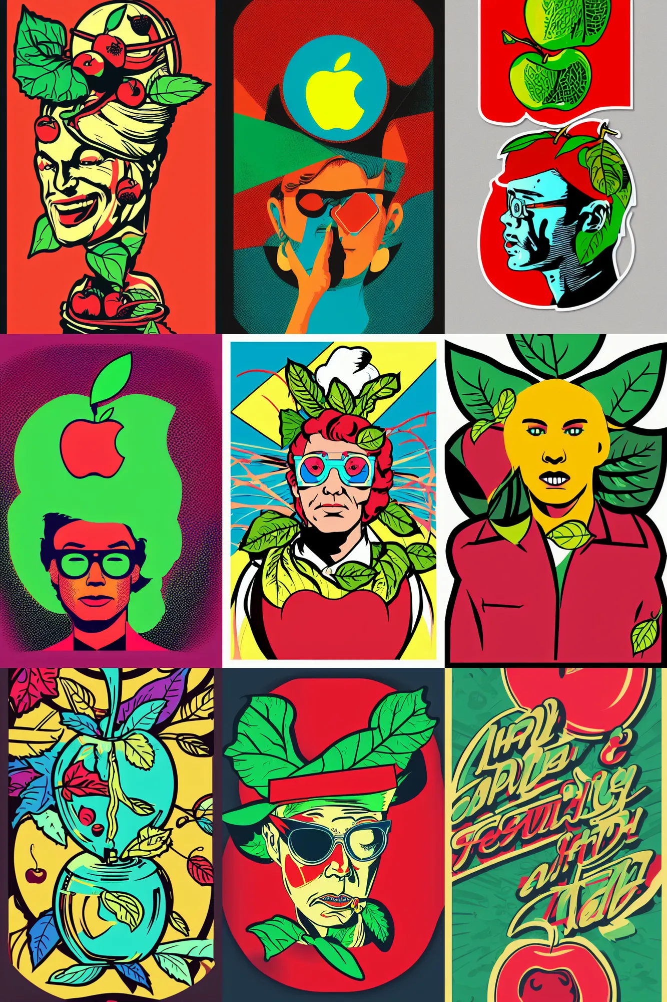 Prompt: apple with stem and leaf retro futurist illustration art by butcher billy, sticker, colorful, illustration, highly detailed, simple, smooth and clean vector curves, no jagged lines, vector art, smooth andy warhol style