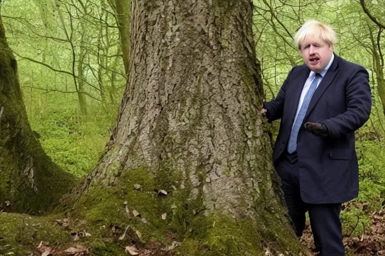 Image similar to derpy boris johnson staring at you from behind a tree in the forest, trailcam footage