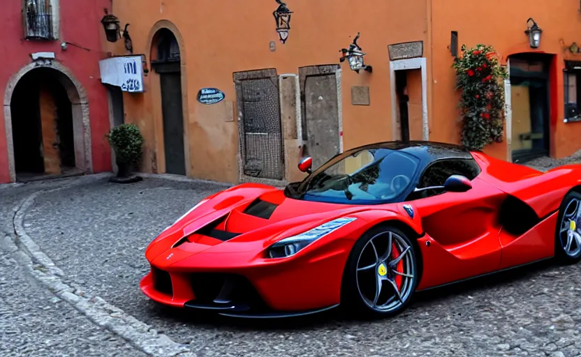 Image similar to a red laferrari in italy streets, photo grammy