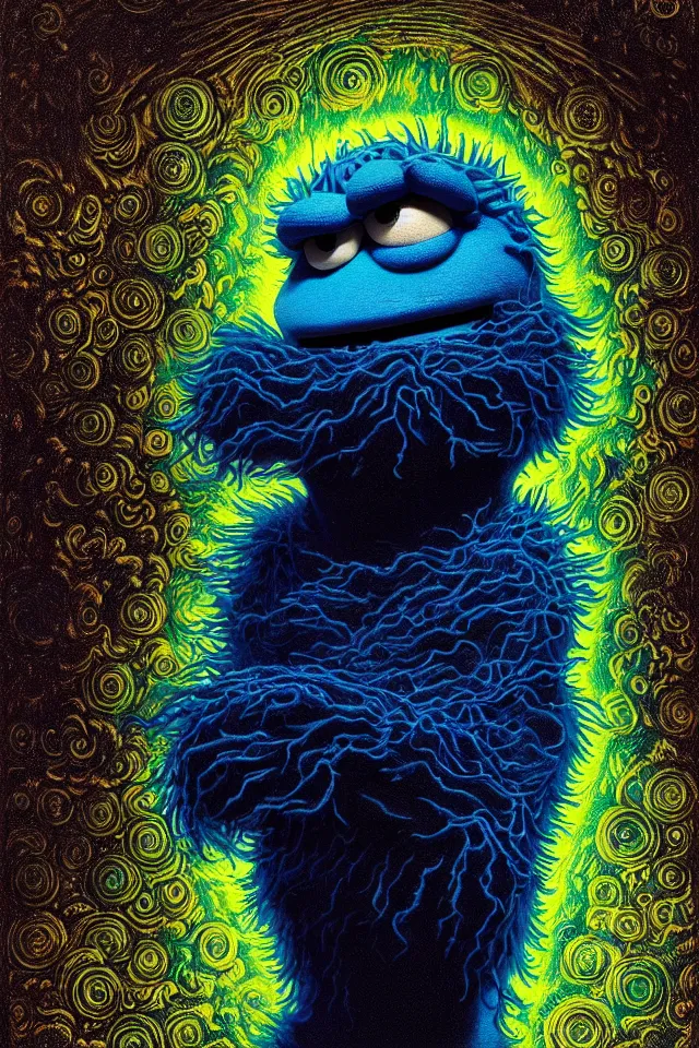 Image similar to bizarre blue blacklight detailed renaissance portrait of cookie monster as a highly detailed realistic real life person, dramatic cinematic lighting, 8 k, beautiful intricate painting by james r eads and tomasz alen kopera