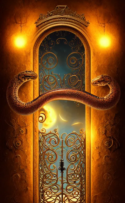 Prompt: a ornamental gate into space a snake emerges from it, ornament, intarsia, portal, doorway, dynamic lighting, ambient lighting, atmospherical, photorealistic fantasy concept art, trending on art station, stunning visuals, creative, cinematic, ultra detailed