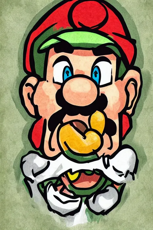 Image similar to mario eating luigi in the style of saturn devouring his son, digital art, goya, extremely detailed, clear facial features, framed