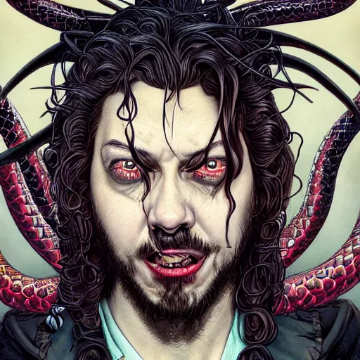 Image similar to portrait closeup of crazy post malone as vampire and snakes around, symmetrical, by yoichi hatakenaka, masamune shirow, josan gonzales and dan mumford, ayami kojima, takato yamamoto, barclay shaw, karol bak, yukito kishiro