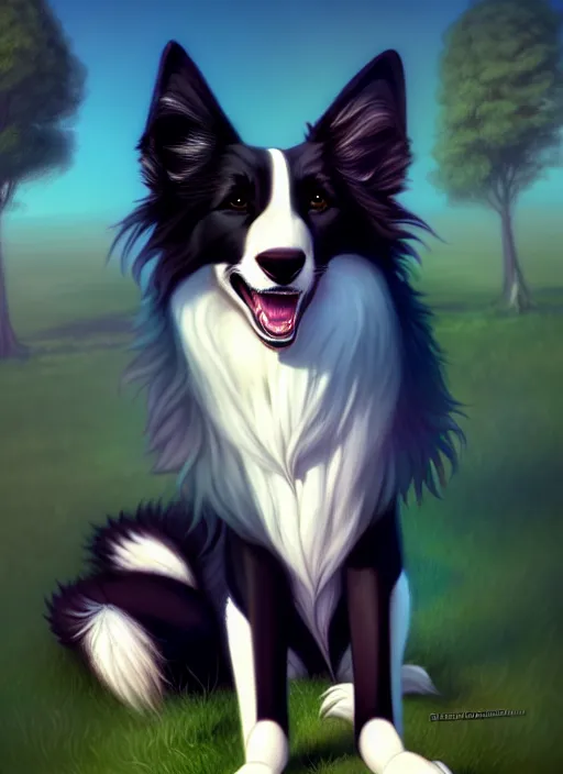 Image similar to wide angle beautiful full body portrait of a cute male bipedal anthro border collie fursona posing in front of a park, character design by charlie bowater, henry asencio, and ross tran, furry art, furaffinity, beautiful, glamor pose, detailed, aesthetic, trending on artstation