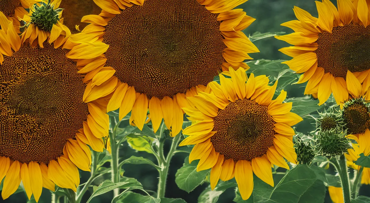 Image similar to macro shot of sunflowers on a hot summer day being pollinated by psychadelic bees, canon 1 0 0 mm, wes anderson film, kodachrome