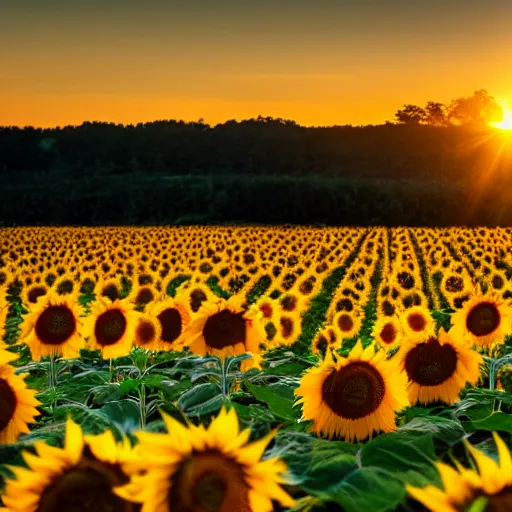 Image similar to sunflower fields at sunrise, cinematic view
