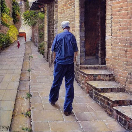 Image similar to a beautiful painting of a man strolling down an alley by Steve Hanks