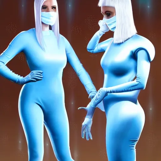 Image similar to troop of cloned women with white bob hairdos, tight light blue neopren suits, futuristic cloning facility, sci - fi, highly detailed, cinematic