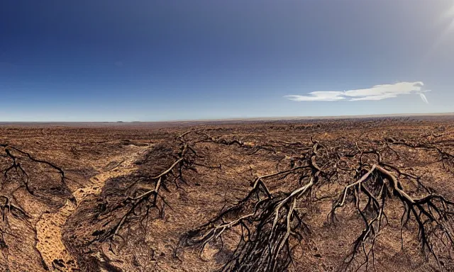 Prompt: beautiful panorama of many magnificent big upside-down raindrops in a perfect cloudless blue sky above a dried up river surrounded by desolate land and dead trees, blue sky, hot and sunny highly-detailed, elegant, dramatic lighting, artstation, 4k, cinematic landscape, masterpiece photograph by Elisabeth Gadd