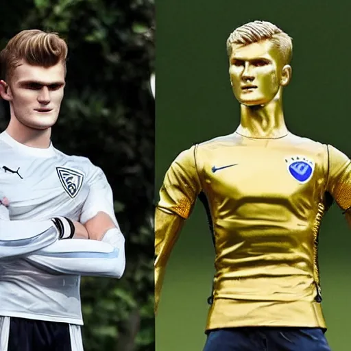 Image similar to a realistic detailed photo of a guy who is an attractive humanoid who is half robot and half humanoid, who is a male android, soccer players martin ødegaard & timo werner, shiny skin, posing like a statue, blank stare, by the pool, on display, showing off his muscles, gold soccer shorts, no jersey, statue, many copies of them