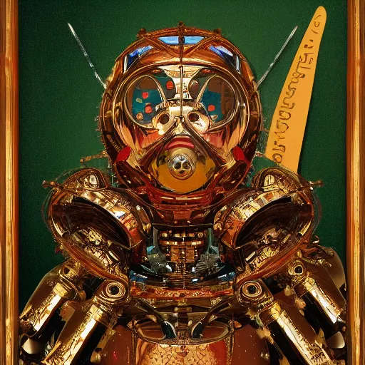 Image similar to a portrait of a shiny metallic renaissance steampunk robot, in the style of Jan van Eyck,