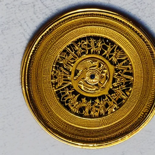 Image similar to a gold coin with a clock face printed on it, complex, high detail, close up