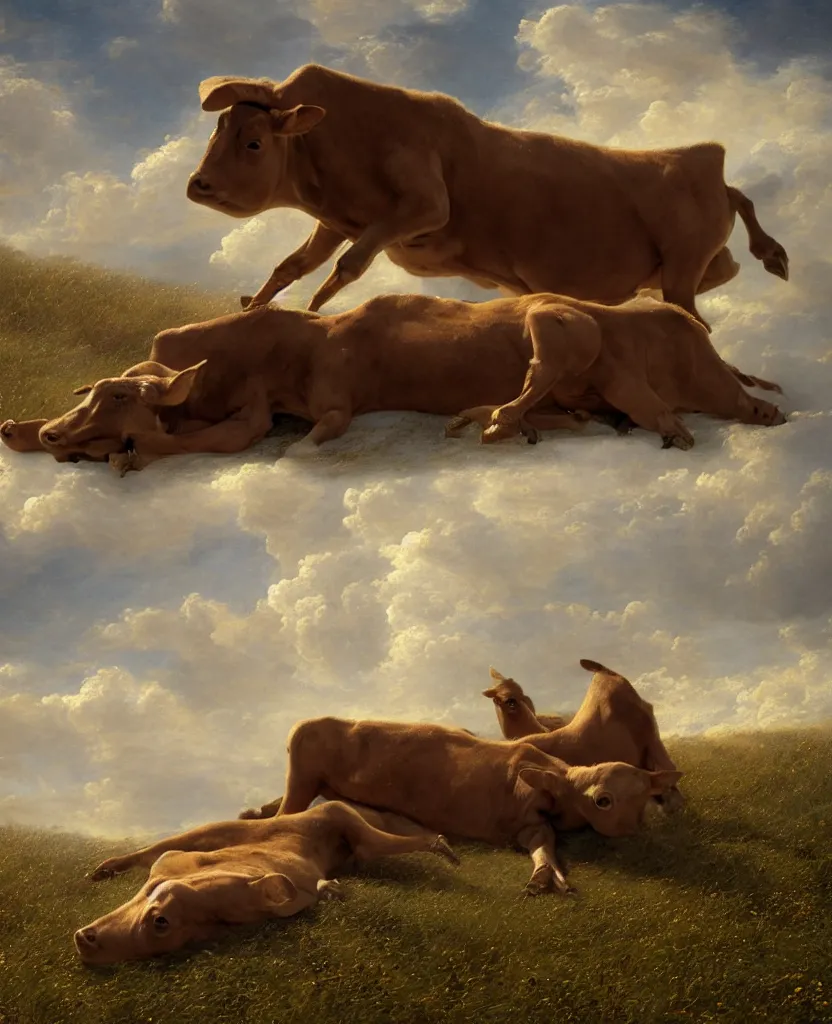 Image similar to a two headed brown calf ( ( laying down alone ) ) in a pasture, windy, stoic, modern, cgsociety, hyperdetailed, dramatic, stars, epic painting, shooting stars, painted by jean honore fragonard and greg rutkowski, full body, octane render, sharpness, 8 k, golden ratio