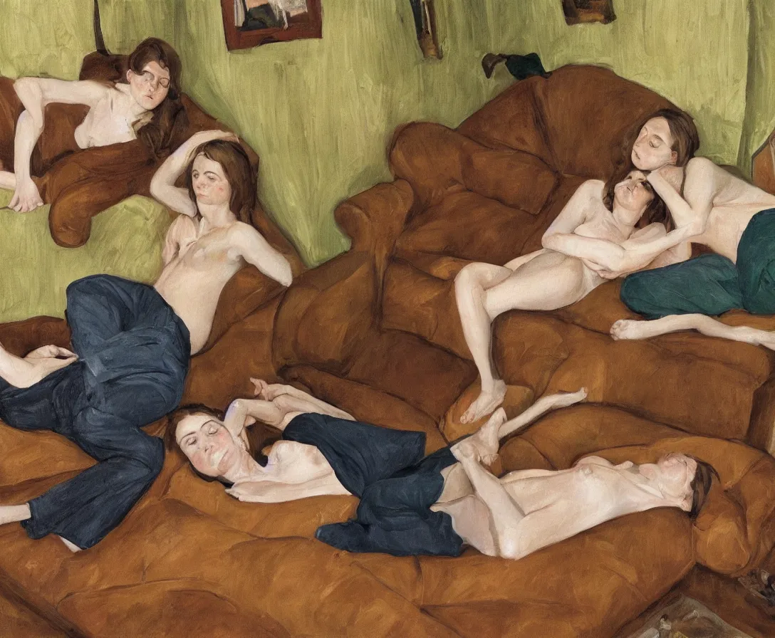 Image similar to portrait of bella and esther lying horizontal, in an old english apartment on a brown leather sofa. one is wearing a dark blue sweather, the other a white shirt. brown hair, they are looking into the camera. wide shot. in the style of lucien freud. oil painting. green mood. isometric perspective