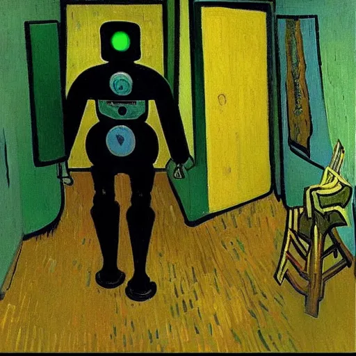 Prompt: “A robot walking in the backrooms, painted by Vincent Van Gogh”