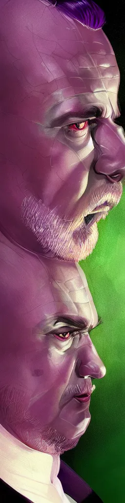 Prompt: fatman we respect you a lot snakeoil CMO fantasy, portrait, sharp focus, intricate, elegant, digital painting, artstation, matte, highly detailed, concept art, illustration, volumetric lighting, purple green color scheme, art by Ilya Kuvshinov, artgerm