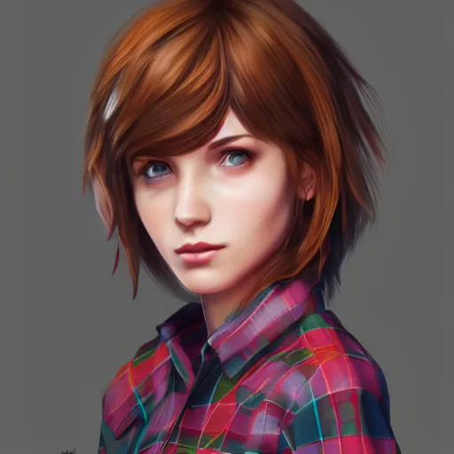 Prompt: max caulfield wearing a red plaid flannel shirt, fantasy, intricate, young and cute, highly detailed, digital painting, artstation, concept art, smooth, sharp focus, illustration, unreal engine, life is strange, Edouard Caplain