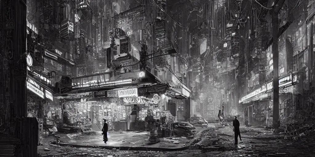 Image similar to cinematic an old jorge luis borges and franz kafka as owners ofan old bookstore full of books, dystopian future, neon lights, sci - fi, night lights, haze, concept art, intricate, in the style of katsuhiro otomo, akira, unreal engine